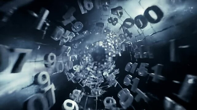 Dynamic Closeup of Falling Random Letters and Numbers in Motion with Shimmering Light Effects
