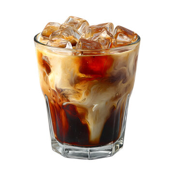A refreshing iced coffee drink with cream and ice cubes against a transparent background
