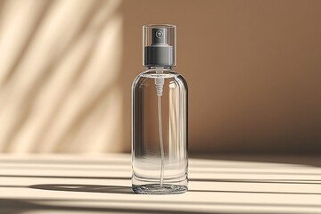 Naklejka premium clear spray bottle mockup with silver cap and warm background