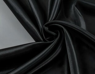 Elegant black satin fabric draped in soft folds. Luxurious textile texture.