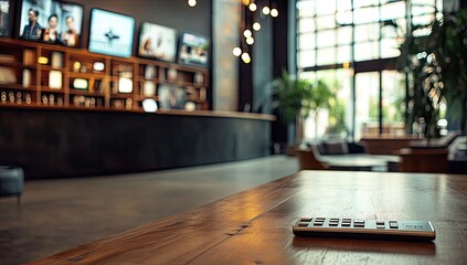 Photo of a remote control on an empty wooden table in front of multiple television screens displaying various TV shows and movies, representing