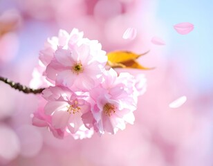 Fototapeta premium Delicate pink cherry blossoms with falling petals, soft focus, spring bloom, floral background. Image name Falling Cherry Blossoms.