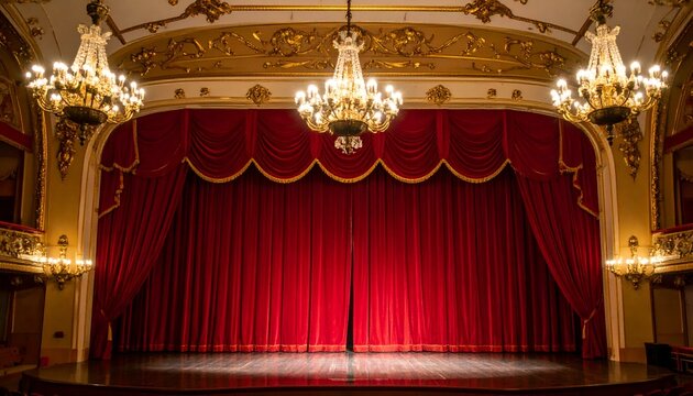 Grand theatre stage with red velvet curtains, ornate gold details, and crystal chandeliers. Perfect for performance, show, or theatrical concepts.