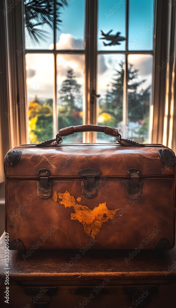 Poster aged leather suitcase with map design displayed on the surface.