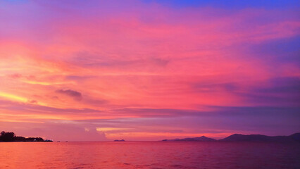 Sunset beach landscape, beautiful sea sunrise, ocean tropical island, red orange pink purple sky background, colorful clouds, paradise nature, summer holidays, vacation, travel