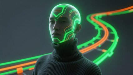 Person wearing a glowing headpiece with neon lines in a futuristic setting