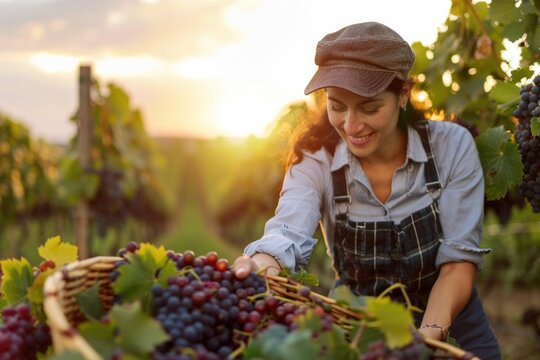 Winemaker picking grapes in vineyard at sunset