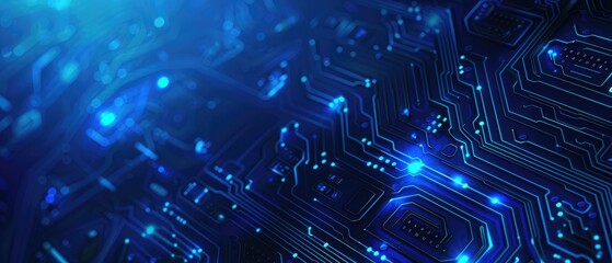 Blue vector background with digital technology and circuit board elements for banner design, tech illustration, web layout
