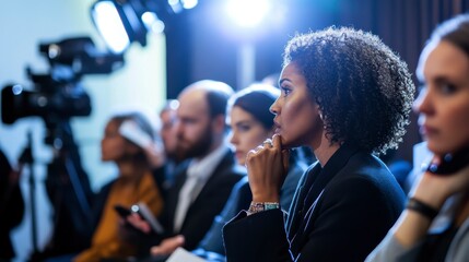 Focused woman attentively listens during a press conference, surrounded by colleagues and media.