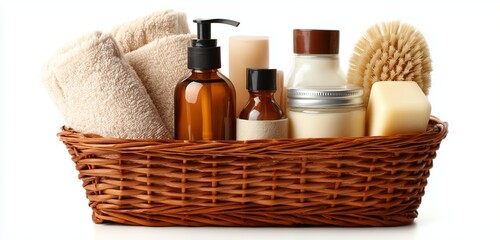 Wicker basket filled with towels and spa products on a white background in a studio shot