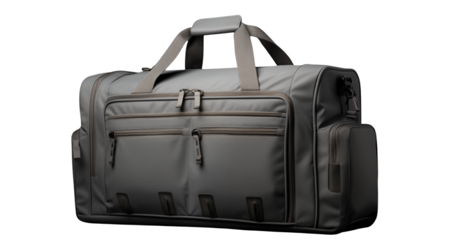 Stylish Grey Travel Duffel Bag with Multiple Pockets for Travel Essentials on white and transparent Background