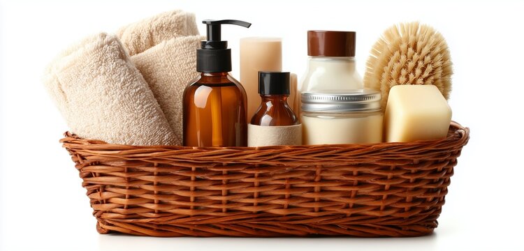 Wicker basket filled with towels and spa products on a white background in a studio shot