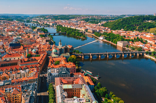 Aerial view of Prague city during sunrise, Czech Republic