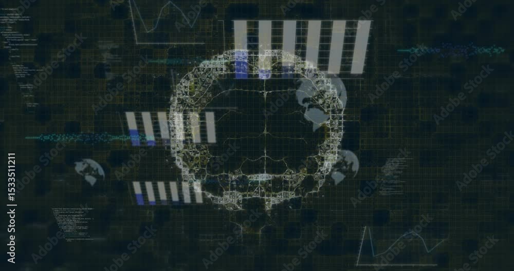 Poster dark grid initiating brain tracing pulsing neural network, bars shifting and globe icons rotating