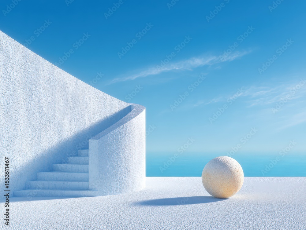 Poster white minimalist architecture with curved staircase and sphere