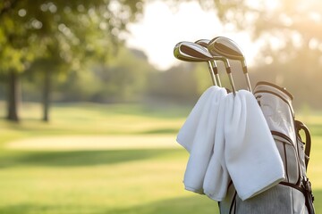 Custom towel branding mockup hanging on golf bag