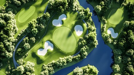 Top view of golf course layout with digital overlay, 3D style