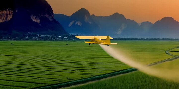 A yellow aircraft conducts crop dusting operations over a rice field during sunset. Dust clouds rise as the plane flies low above the lush green crops with mountains visible in the background, 4K Vide