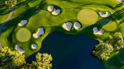 Aerial view of golf course holes with sand bunkers and water hazards
