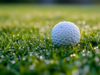 Macro shot of dew drops on golf ball on early morning grass