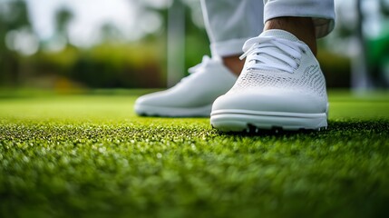 Golf shoes stepping on putting green, detailed texture