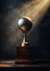 Luxury golf trophy on polished wood surface with spotlight