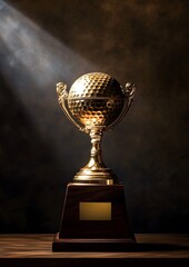 Luxury golf trophy on polished wood surface with spotlight