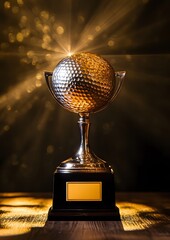 Luxury golf trophy on polished wood surface with spotlight