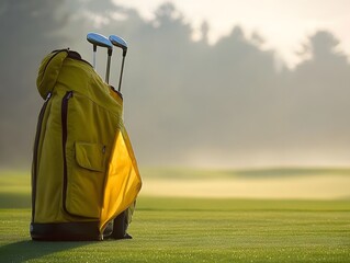 Golf bag with rain cover on misty course morning