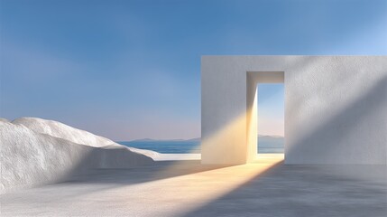 White Minimalist Stone Archway with Ocean View and Sunlight