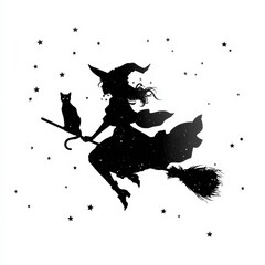 Witch flying on a broomstick with a black cat under a starry sky during a magical night