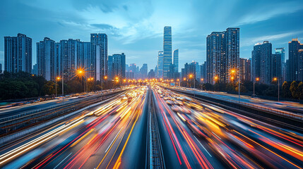 Fototapeta premium The motion blur of a busy urban highway during the evening rush hour. The city skyline serves as the background, illuminated by a sea of headlights and taillights