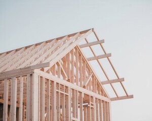 Obraz premium Contemporary residential home construction framework against a clear sky