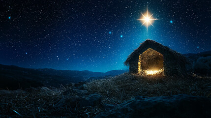 The star shines over the manger of Christmas of Jesus Christ. Concept