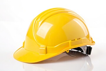 Fototapeta premium Bright yellow hard hat positioned on a white background, symbolizing safety in construction