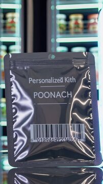 Vertical screen, personalized kith poonach packages displaying barcodes, neatly organizing specialized food products on refrigerated shelves within retail setting