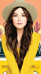 Stylish Woman in Yellow Polka Dot Dress and Hat Posing Against Retro Car in Desert Setting