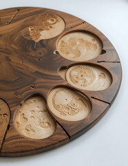 A wooden tray featuring an intricate circular design on its surface.