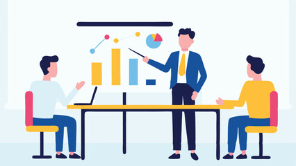 Man presenting data on charts to colleagues in a meeting room with laptop and chairs at the table