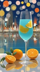 Trendy Blue Cocktail with Orange Garnish Against Urban Night Lights