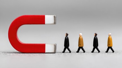 Magnet Attracting Miniature Figures: Conceptual Illustration of People Being Drawn by Magnetic Pull
