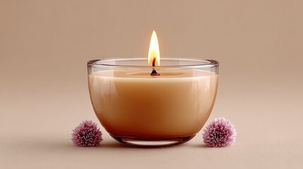 Calming Scented Candle in Glass Holder with Pink Blossoms on Beige Background