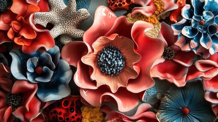 Vivid botanical explosion: Close-up of abstract floral arrangement of bold colors