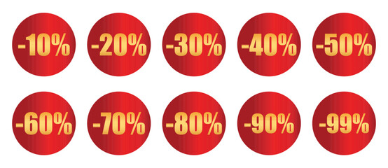 Discount sticker set from 10% to 99%. Vector badges for sale, clearance, promotion, marketing, retail, e-commerce