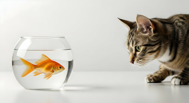 Curious Cat Watching a Goldfish in a Bowl