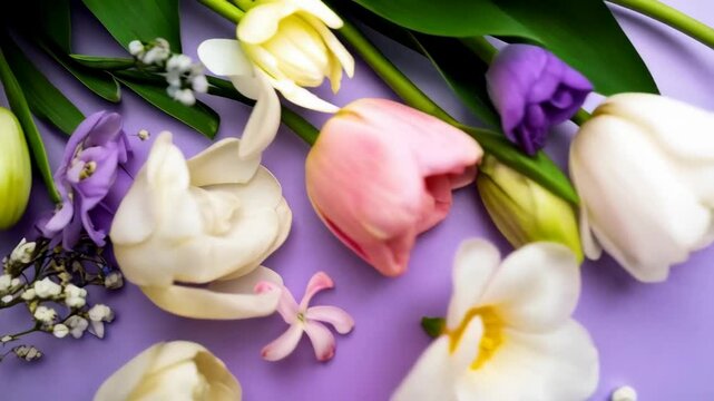 Floral composition featuring assorted white, pink and purple flowers arranged on a pastel lavender colored surface, springtime