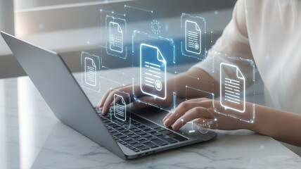 Digital document management with woman working on laptop for effective workflow