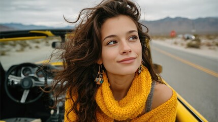 Joyful Woman in Yellow Sweater Enjoys Scenic Desert Road Trip in Convertible
