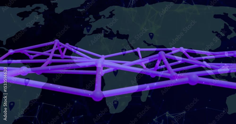 Poster glowing purple network mesh appearing over dark world map pulsing rotating showing global data flow