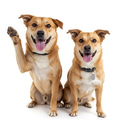Fototapeta premium Two happy dogs isolated on white background, one waving its paw, for pet adoption campaigns, veterinary promotions.
